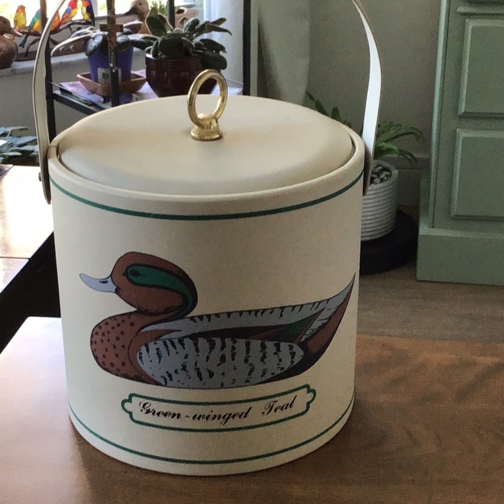 Vintage Georges Briard Green-winged Teal duck vinyl ice bucket from the 1970s.